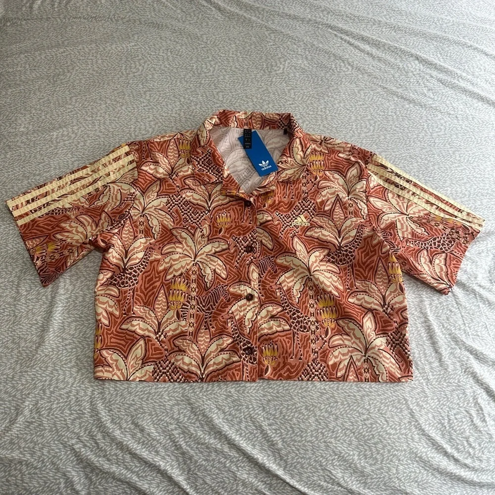 Adidas x FarmRio Orange Button Down Crop Shirt NEW - Picture 7 of 9